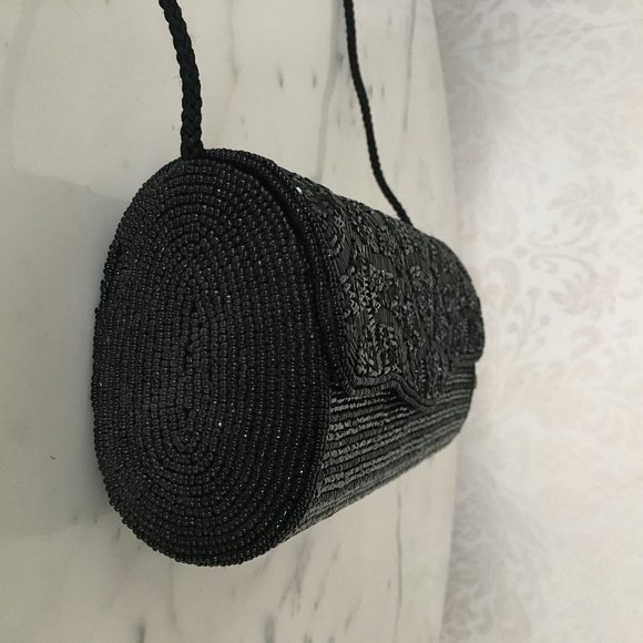 Vintage Black Bugle Bead Evening Bag Clutch MINT - Picture 5 of 10